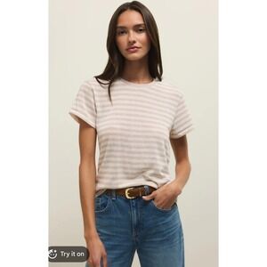 Z Supply Striped Cotton Short Sleeve T-Shirt Large Tan White